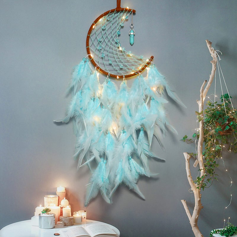 Dremisland Moon Dream Catcher with Fairy Lights-Handmade Feather Lucky Turquoise Pendant Beads Wall Hanging Ornament for kids Bedroom Home Decoration Art Craft Gift. (Sky Blue) - Image 1